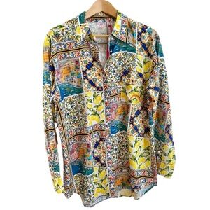 NWT Terez Amalfi Coast Patchwork Print Long Sleeve Blouse Yellow Blue Multi MED